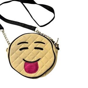 Betsy Johnson Emoji Tongue Out Quilted Crossbody Bag Yellow Faux Leather Purse